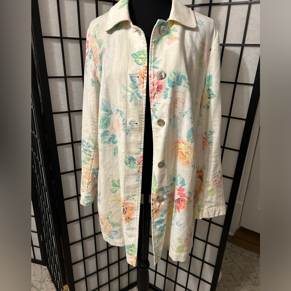 J. JILL Womens M Floral Button Down Linen Blend Jacket-Shirt